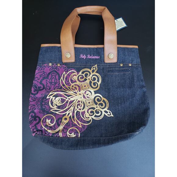 BBW Dark Denim Blue Jean Fabric w. Leather Straps Over The Shoulder Hobo Purse - Picture 6 of 6